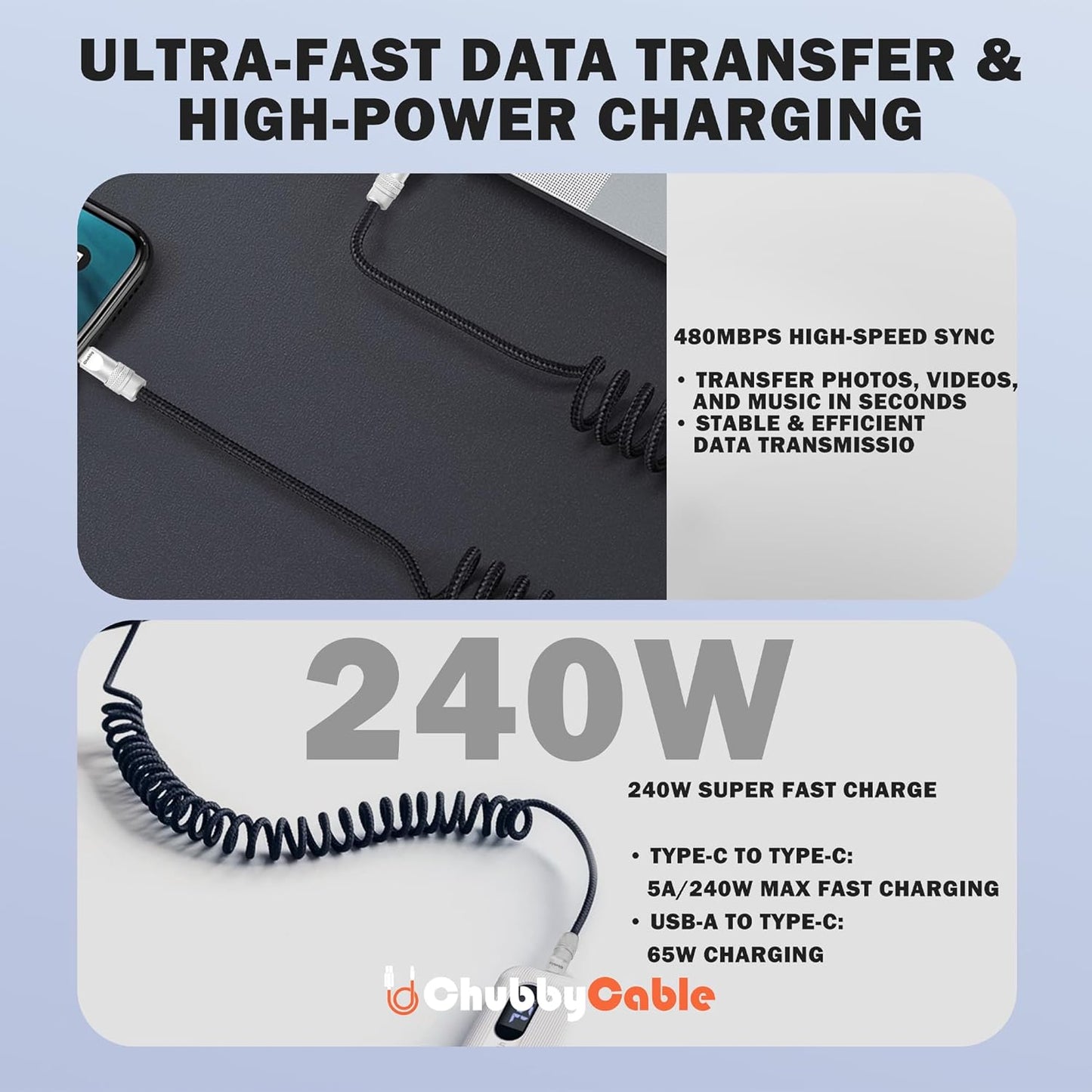 chubbycable Curly Chubby - Retractable Fast Charging Cable 240W Coiled Charger Cord for Car Durable USB-C Cable for Phones, Tablets and More, Red, USB-A to Type-C, 1.3FT-2.3FT