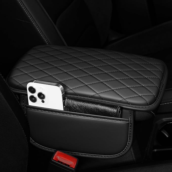Center Console Cover for Cars Fit for Jeep Cherokee Leather Armrest Covers with 2 Storage Bags(Black)