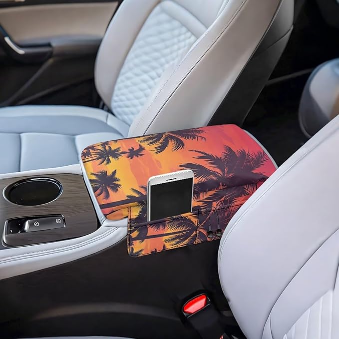 Dreaweet Palm Tree Print Center Console Armrest Cover with Side Pockets Thick Armrest Cover for Car Truck SUV Van,Soft Non-Slip Car Arm Rest Cover Pad