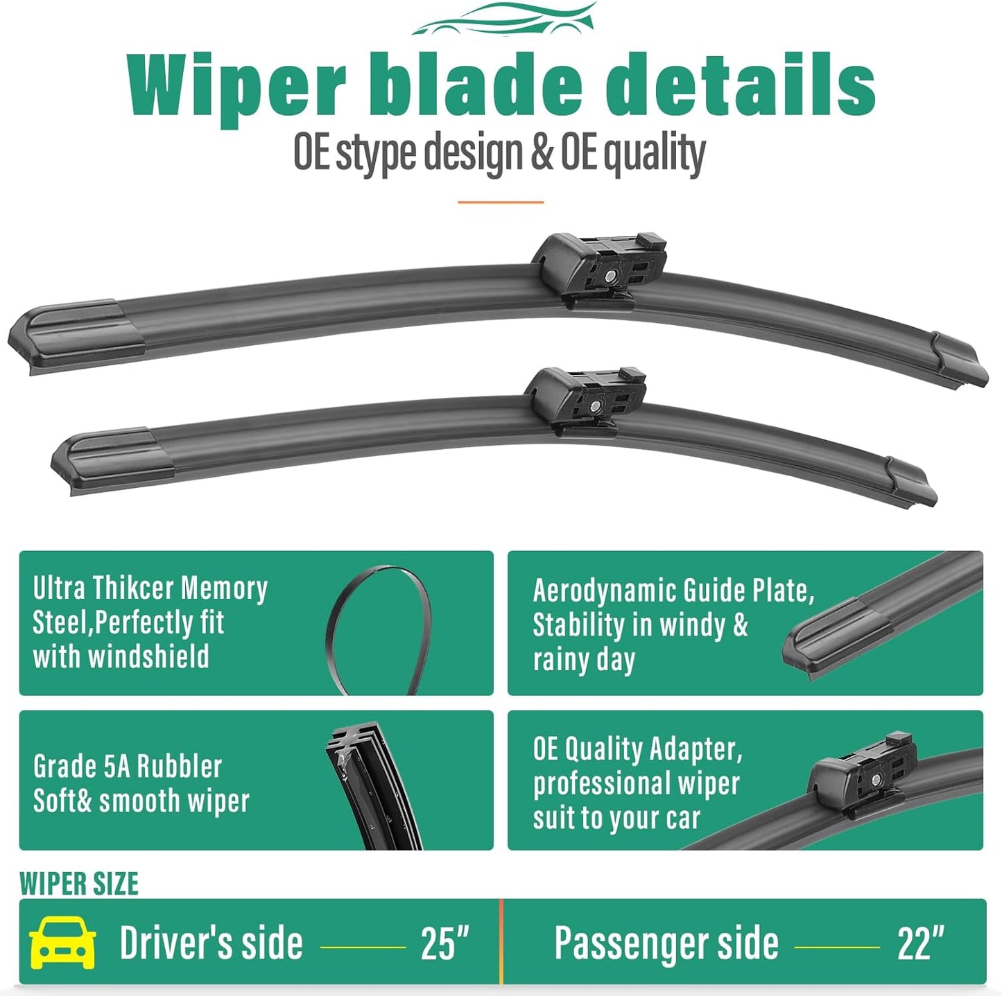 25" 22" 15" Windshield Wiper Blades Replacement for VW Volkswagen Tiguan 2018 2019 2020 2021 2022 2023 2024 2025 Premium All Weather Front Rear Wipers Set - OEM Quality (Pack of 3)