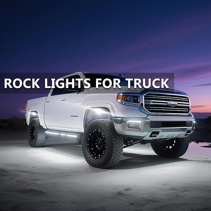 4 Pods Pure White LED Rock Lights, IP68 Waterproof Aluminum 6500K Bright White Underglow Light with Extension cord Harness,12V Metal Fender Lights for ATV UTV SXS RZR Car Golf Cart Trucks Off Road Etc
