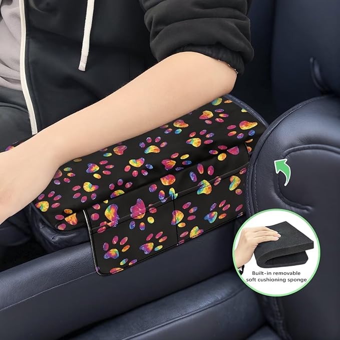 Dreaweet Tie Dye Dog Paw Arm Rest Cover for Car Women Thick Center Console Cover with Pockets Soft Comfortable Car Armrest Cushion Universal Console Covers for SUV Trucks Sedan