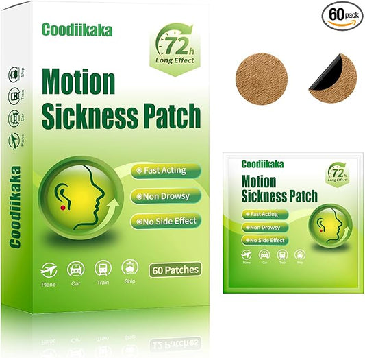 Motion Sickness Patches Non-Drowsy Formula Prevents Car, Airsick, Altitude Sickness, Sea & Motion Rides Travel Essentials for Adults & Kids Long-Lasting up to 72 Hours (60Pcs)
