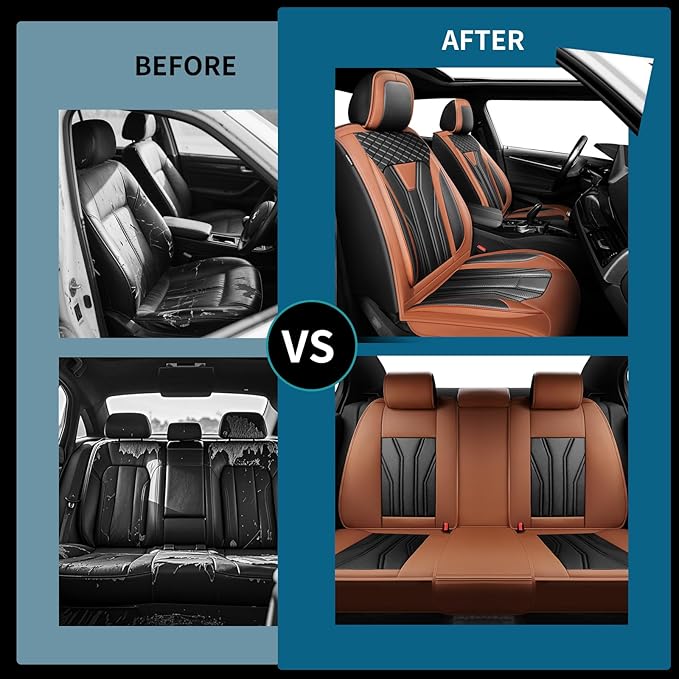 Fit Versa Car Seat Covers Compatible with Nissan Versa 2008-2025 2026 - Full Set Premium Leather， Waterproof Breathable， All-Weather Seat Cushion Protecto&Airbag Compatible（Brown & Black