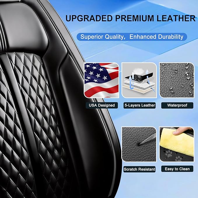 Fit Blazer Car Seat Covers for Select Chevrolet/Chevy Blazer 2019-2026, Stylish Premium Full Coverage Leather, Airbag Compatible, Waterproof All Weather Seat Cushion Protector, Full Set, Black