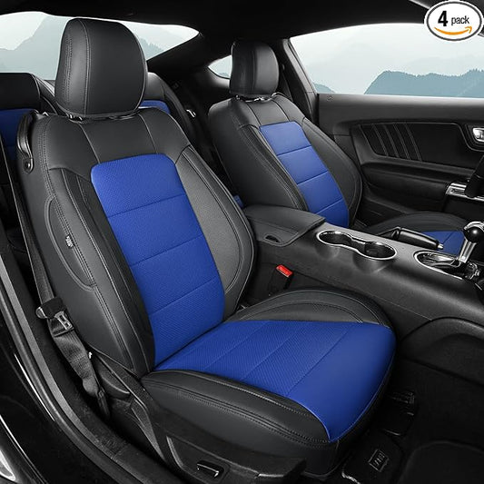 GIANT PANDA Customized Full Set Car Seat Covers Fit Ford Mustang Coupe Hardtop 2015 2016 2017 2018 2019 2020 2021 2022 2023 2024 2025 2026- (Black+Blue)