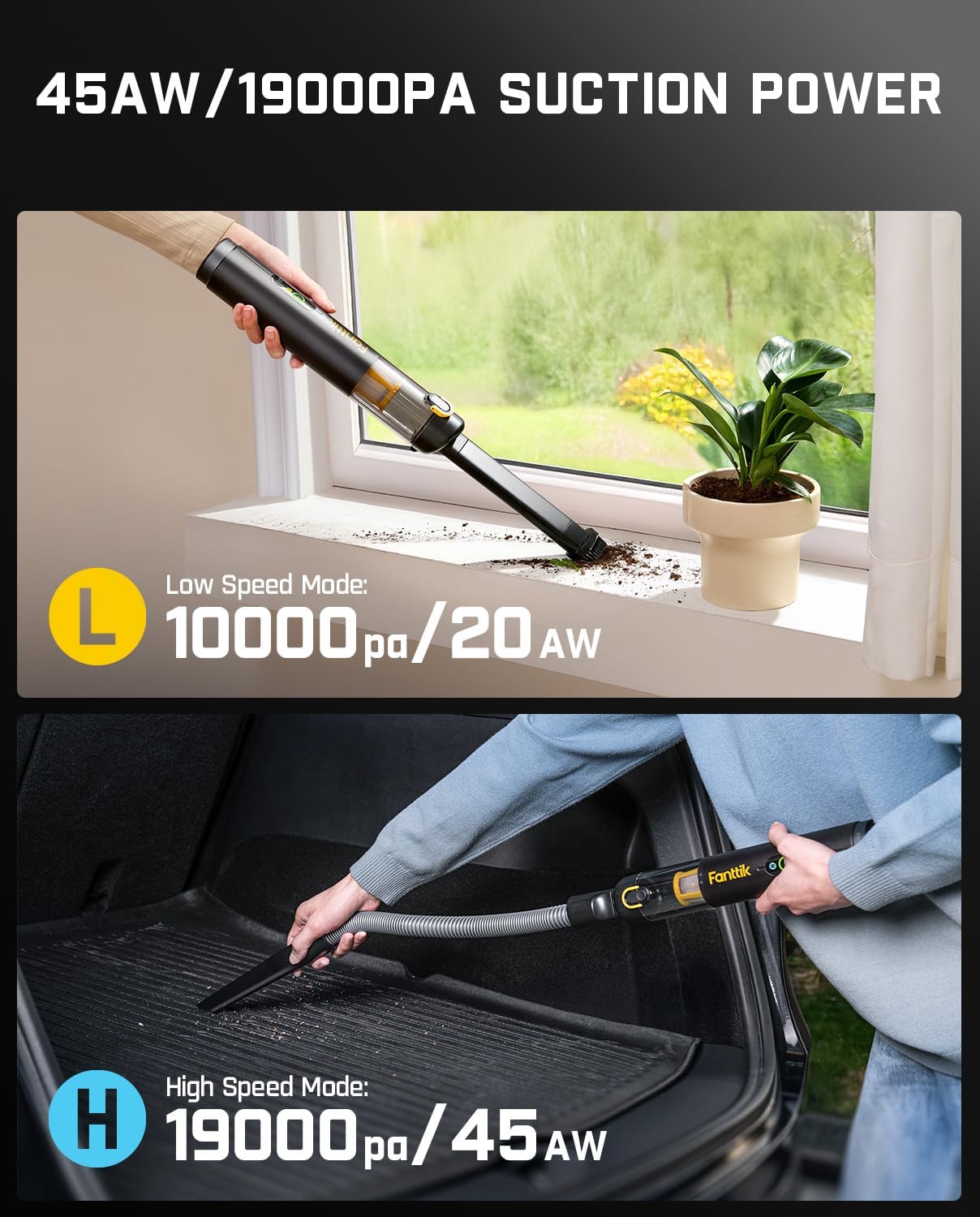 Fanttik Slim V10 APEX Cordless Car Vacuum, 4-in-1 Portable Mini Handheld Vacuum, 19000pa Suction Power, Upgraded Smart Digital Display, 2 Suction Modes for Car, Office Desk, Keyboards (Black)