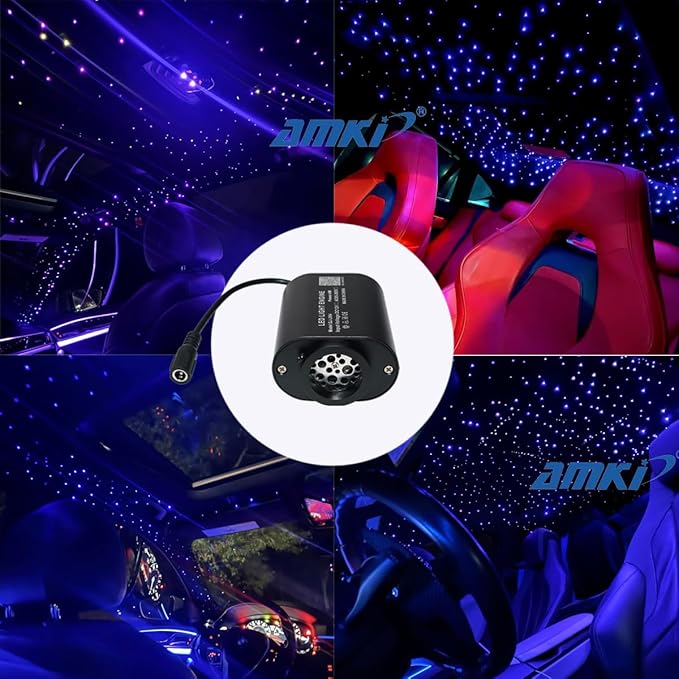 AMKI Mini 6W Starlight Headliner Kit 600pcs 0.03in 9.8ft,Twinkle+Sound Activated Fiber Optic Light 4Lamp Beam Starlight Box APP/Remote Control for Car Home Star Ceiling Decoration