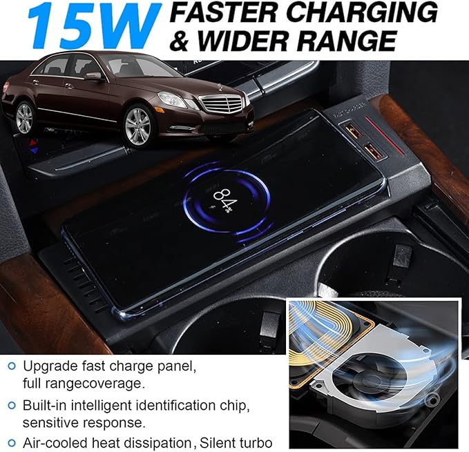 Wireless Car Charger for Mercedes-Benz E Class 2010 2011 2012 2013 2014 2015, 15W Fast Charging Phone Charger Pad for Mercedes Benz W212 E-Class E200 E260 E300 Accessory for iPhone Galaxy