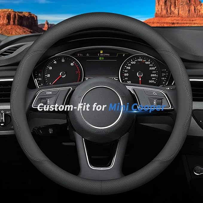 Custom-Fit for Mini Steering Wheel Cover, Premium Leather Car Cover with Logo, Non-Slip, Breathable, Accessories (B-Style,for Cooper)