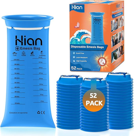 Hion Vomit Bags Disposable – 52 Pack 1000ml Emesis Bags – Leak Resistant, Medical Grade, Portable – Perfect for Motion, Car & Aircraft Sickness, Pregnant Women