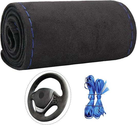 Suede Leather Steering Wheel Cover Wrap Kit - DIY Stitch-On for 14.5-15" Wheels, Superior Sweat Absorption & Non-Slip Grip, Comfortable & Durable Year-Round Upgrade