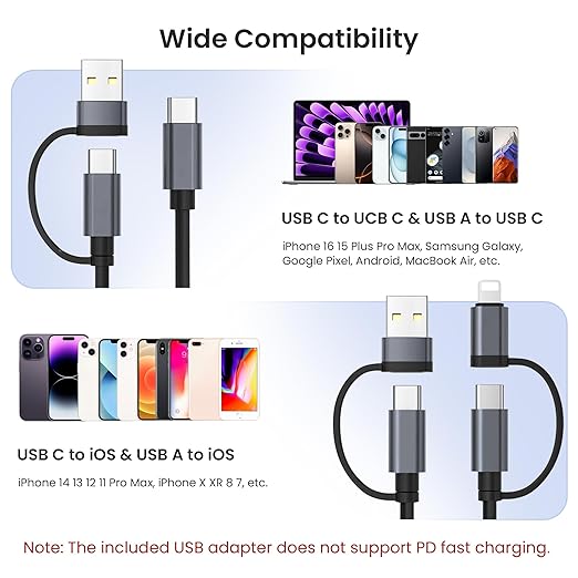 Basesailor for iPhone 17 16 Pro Max Car Charger Cord Coiled 3.3FT,4 in 1 USB C Coil 60W Multi Type C Fast Charging Cable with USB and Lightning Adapter for CarPlay,Apple 15 14 13 12,S26 S25,iPad Air 5