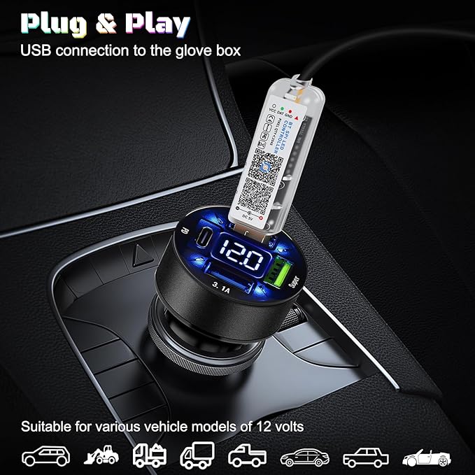 Dreamcolor Acrylic Interior Car LED Strip Light with USB/Type C/4-Port Cigarette Lighter, RGB 2 in 1 with 86.6 inches LEDs Ambient Lighting Kits, Sound Active Function Neon Led Strips for Car