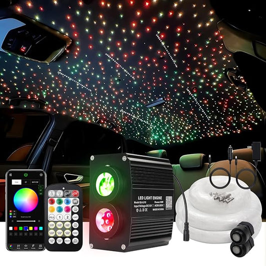 AKEPO 18W Dual Color Twinkle+Meteor All-in-one Fiber Optic Lights, 400pcs*0.03in*9.8ft+240pcs Shooting Star Fibers Remote/APP Starlight Headliner Kit Car Home Music Activated Optical Star Ceiling Kits