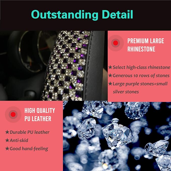 PINCTROT Large Size Bling Comfy Steering Wheel Cover with Jumbo Crystal Rhinestones, Anti-Slip Diamond Leather, 15.5-15.75 Inch (Purple)
