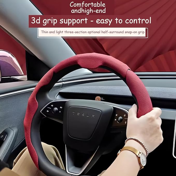 Car Steering Wheel Cover, Nappa Leather 15 Inch Snap-On 3PCS Set Vehicle Steer Wheel Wrap Protector, Non-Slip Automotive Interior Protection Accessories, Universal Fit (Pink)
