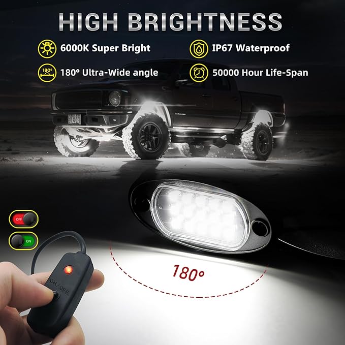10 Pods Pure White LED Rock Lights with Power Swith Wiring Harness, 6000K Super Bright Waterproof Under Trailer Lighting White Underglow Kit for Trucks Trailer Offroad Pickup SXS ATV UTV