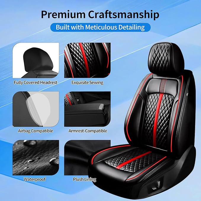 Fit Mazda 6 Car Seat Covers (Front Pair) for Select Mazda 6 2007-2021 - Premium Full Coverage Leather, Airbag Compatible, Luxury Waterproof & All Weather Breathable Seat Protector, Red Trim