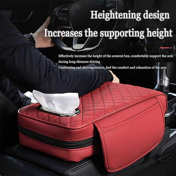 Car Center Console Cover for Infiniti FX SUV FX35 / FX37 / FX40 / FX45 /FX50, Leather Car Arm Rest Cover, Car Armrest Cushion with 2 Storage Bags Car Center Console Armrest Pad, C Black+Red