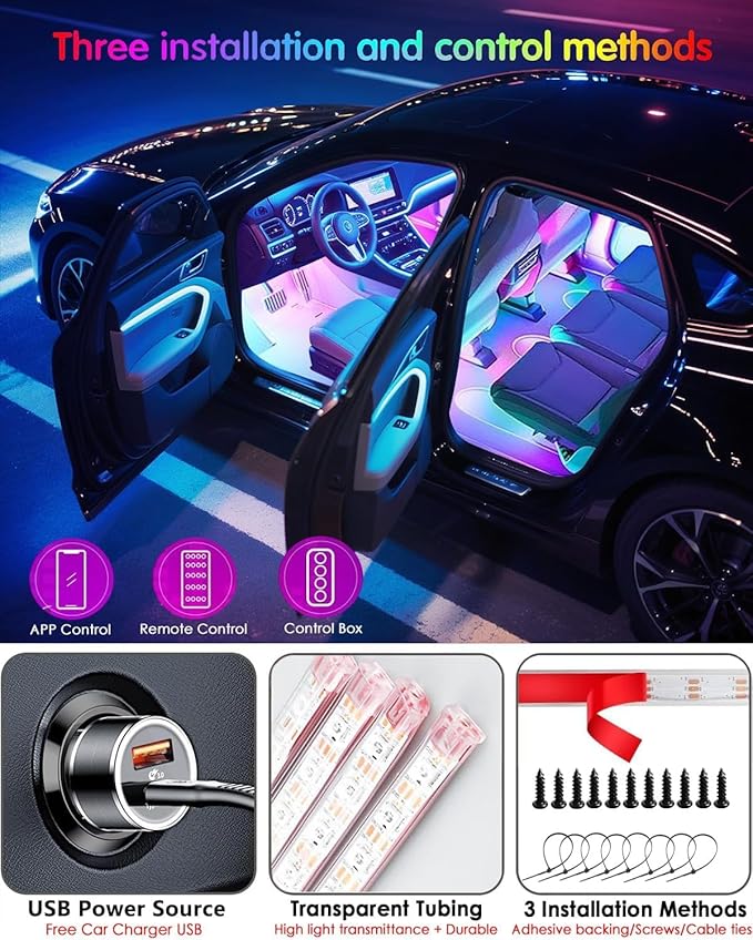 Smart Car Interior Lights,72 LED RGB Car LED Lights with Smart APP Remote Contro,Multicolor Footwell Under Dash Inside Light Kits Music Sync Mode,for Vehicle Internal Car Ambient Lighting Kits