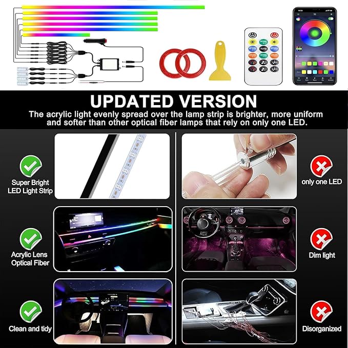 Interior Car LED Strip Lights,Acrylic LED Lights for Car with Dynamic Dreamcolor Chasing,175 inches 10 in 1 RGB Neon Strip Fiber Optic Ambient Lighting Kits with Remote APP,for Inside car Decorations
