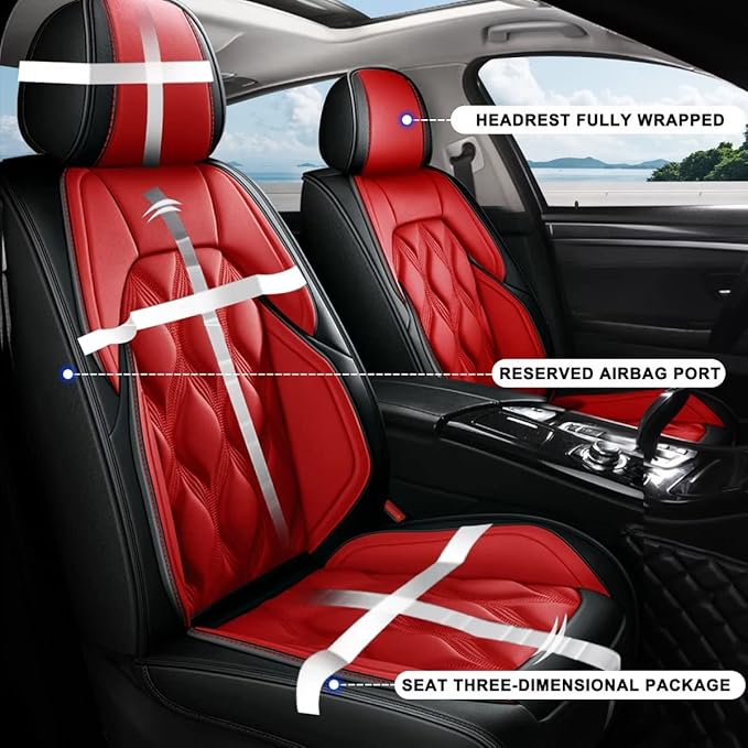 AOMSAZTO Car Seat Cover 2 Front Seat Fit for Ford Fusion 2010-2020 Leather Car Seat Cushion Protector Compatible Airbag Waterproof Automotive Seat Covers Black&Red