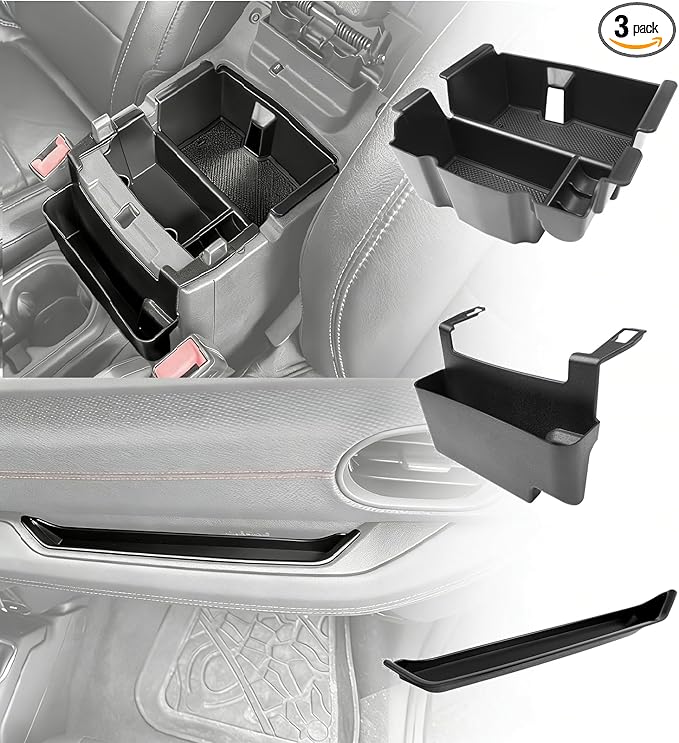 3PCS Center Console Organizer Combo Kit Compatible with 2018-2023 Jeep Wangler JL JLU 4xe Rubicon Sahara & Gladiator JT Accessories, Insert/Hanging Armrest Storage Box & Grab Bar Tray