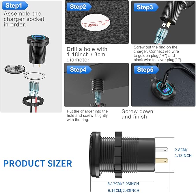 12 Volt USB C Outlet PD 100W Car USB Port for Laptop and QC3.0 18W Car Charger Socket Aluminum Alloy, Fast Charging Cigarette Lighter Replacement DIY Accessary for RV MarineTruck Boat Golf