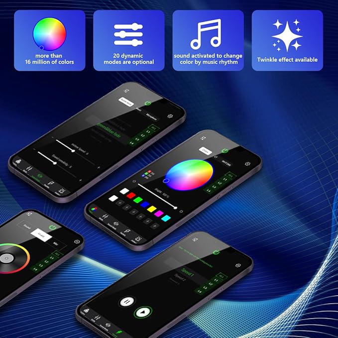 AMKI Updated 4Color Twinkle 36w Starlight Headliner Kits 1200pcs 0.03in 13.1ft Fiber Optic Light Cable 4 Ports Starlight Box App/Remote Control Sound Mode for Car Home Ceiling Decoration