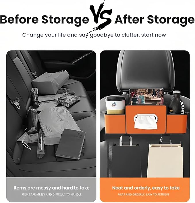 3-in-1 Car Backseat Organizer, 2025 New Multifunctional Car Seat Back Storage Box, Multifunctional Car Back Seat Storage Organizer-Carstorage Bag with 2 Cup Holders, Tissue Box, Hooks (Orange)