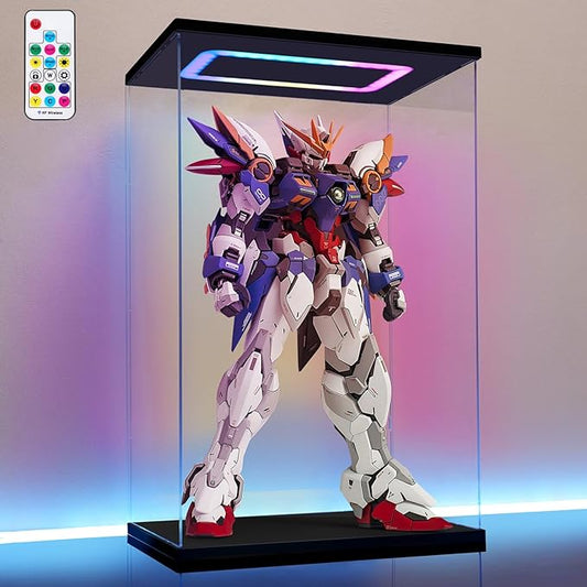 Clear Acrylic Display Case with Light for Gundam Display, Multiple Color Lights Dustproof Protection Display Box for Collectibles Action Figures（14×10×21inch）