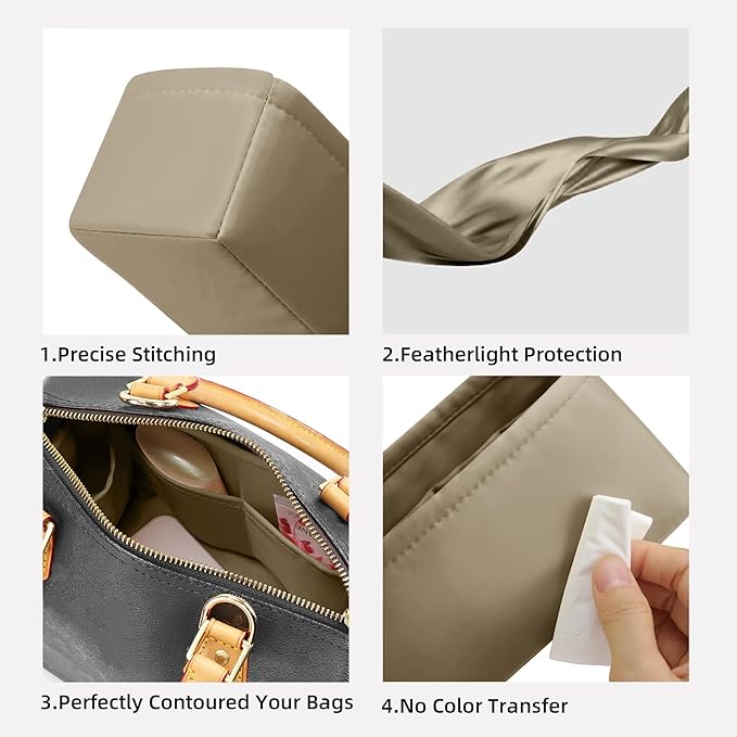 DGAZ Silk Purse Organizer Insert Fits LV Speedy 16/20/25/30/35/45 bags，Silky Smooth Bag Organizer，Luxury Handbag & Tote Shaper（Etoupe grey，SP25）