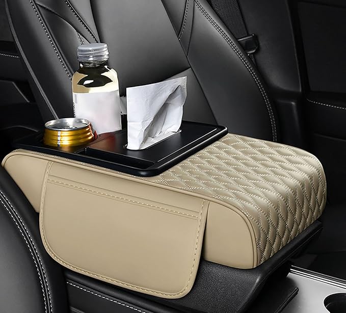 Car Armrest Center Console Cover for Ford Maverick 2022–2025, Center Console Pad with Cup Holder, Multifunctional Armrest Cushion,E Beige