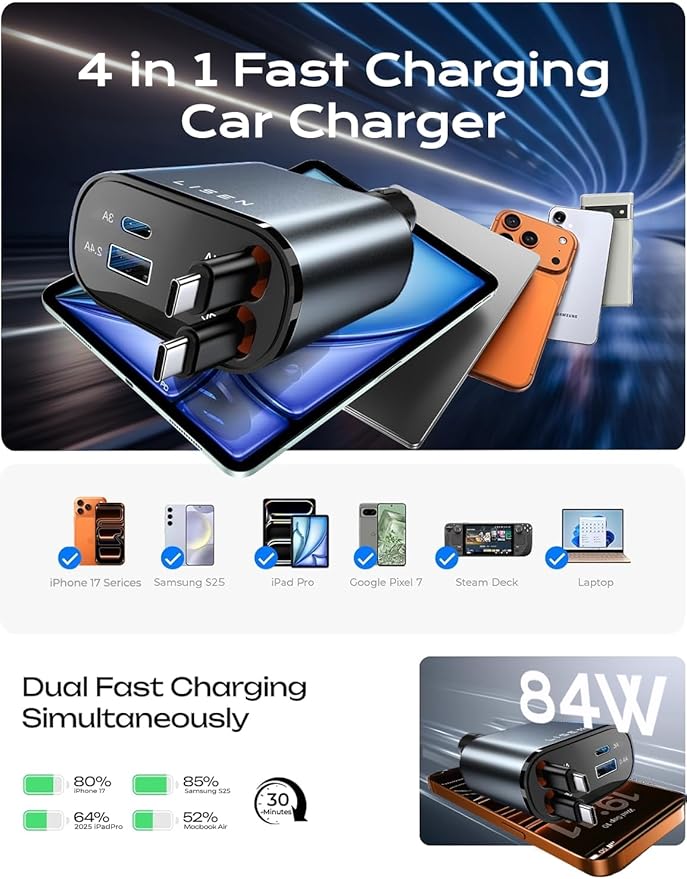 LISEN Retractable Car Charger, Dual USB C Retractable Cable Fast Car Adapter [84W Total] Travel Essential Car Accessories for Men Women, for iPhone 17 16 15 Pro Max, Samsung S26 S25 S24, Pixel, iPad