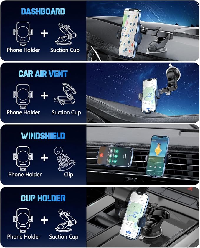 BothLin Wireless Car Charger, Fast Charging Phone Holder 3 in 1 Phone Mount Auto Clamping Car Accessories Compatible with iPhone 17 16 15 14 13 12 11 Xs XR, Samsung S23 Ultra S22 S21 S20(Deep Blue)