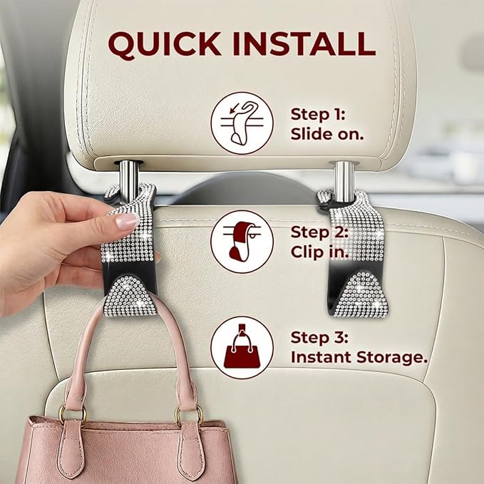 4PCS Bling Car Seat Headrest Hooks, Crystal Rhinestone Vehicle Back Seat Hanger Holder, Auto Interior Headrest Hanging Storage Organizer for Purse Handbag Coat, Universal Fit (Orange)