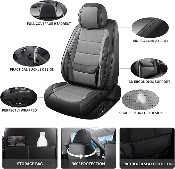 Car Seat Covers Full Set Custom Fit for Mercury Sable 1995-2009,Premium Faux Leather with Lumbar Support, Breathable, Anti-Slip & Soft Touch(blackgray,Fullset)