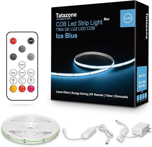 Tatazone 32.8ft Ice Blue COB Led Strip Lights with RF Remote, Dimmable Bright Adhesive Indoor Led COB Light Strip for Cabinet, Painting, Room, Bed