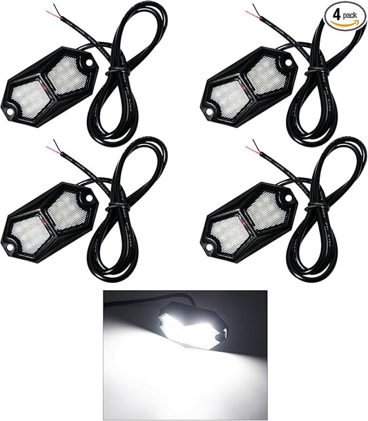 Led Rock Lights White 4 Pods 18LEDs 210 Degree Wide Angle IP68 Waterproof Aluminum Housing Underglow Underbody Lights 12v 24V for Truck UTV ATV Camper (4 Pods)
