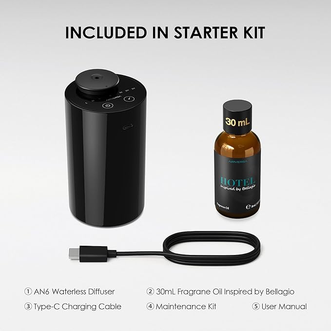 Airversa Waterless Essential Oil Diffuser Starter Kit with 30mL Hotel Fragrance Oil Inspired by Blagio, Battery Operated Car Diffuser, Portable Aroma Nebulizer for Home Car Office, AN6Kit-D, Black