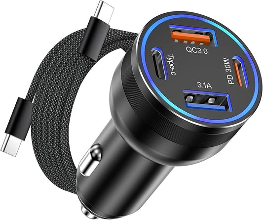 iPhone 17/16 Pro Max Car Charger, 65W 4-Port USB C Cigarette Lighter Adapter Fast Charging Car Charger Adapter with 6FT Braided USB C Cable for iPhone 17/16 Plus/16 Pro/16 15 Pro Max,iPad Pro/Air/Mini