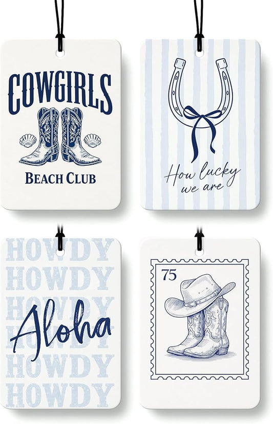 Blue Western Coastal Car Air Freshener 4 Pcs, Preppy Horseshoe Cowgirl Boots Hat Beach Hanging Air Freshener for Closet Drawer Books, Western Beachy Car Accessories Mirror Decor for Women