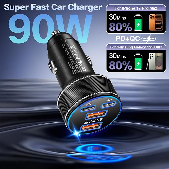 USB C Car Charger, Multi Port 90W Super Fast Charging Cigarette Lighter Adapter, 4-in-1 Dual USB-C & USB-A Car Phone Power Adapter for iPhone 17/16/15/Pro Max, iPad, Samsung Galaxy S25 (Black, 3-Pack)