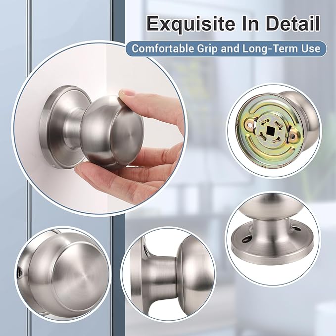 KNOBWELL 6 Pack Brushed Nickel Dummy Door Knob, Single Sided Handle for Closets, French Double Doors, and Pantry, Satin Nickel One Side Non-Turning Interior Push/Pull Door Knob