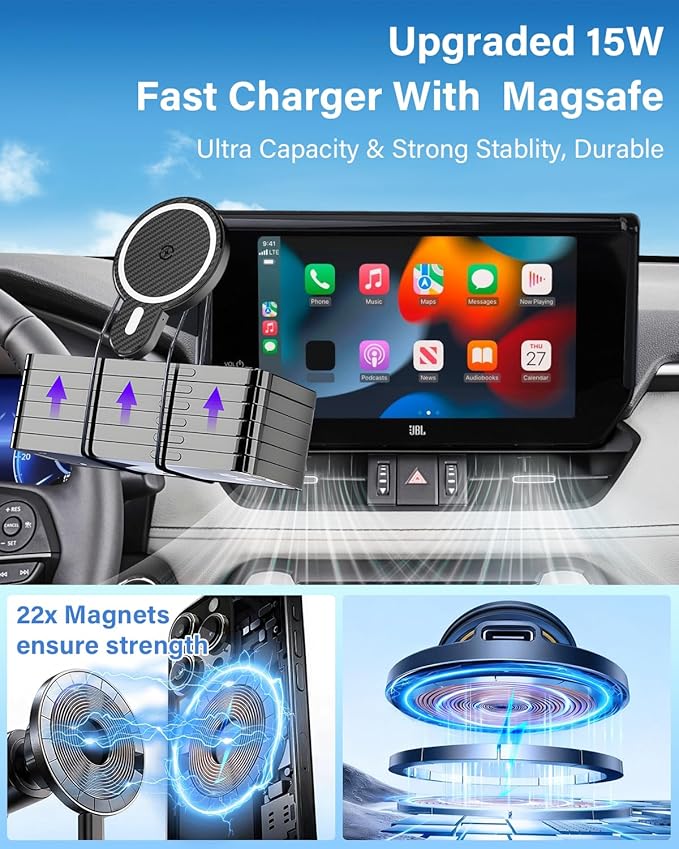PZK Car Phone Holder for Toyota RAV4 2019-2025 Hybrid LE/XLE/Premium Accessories 7/8-Inch Screen Magnetic 15W Fast Wireless Charger Car Phone Mount 360° Rotation Not Affect Vent (Not Fit 9/10.5 inch)