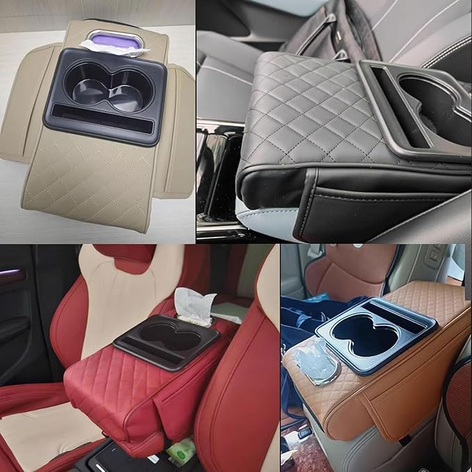 Car Armrest Cushion for Toyota Crown Majesta VI 2009-2015 2016 2017 2018, Car Center Console Cover Armrest Pad with Cup Holder and Tissue Box, Car Accessories,Black