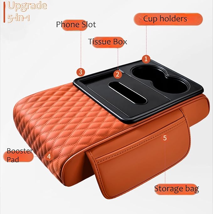 Car Center Console Armrest Pad, Arm Rest Box Cushion with Ergonomic Height Boost, Storage Pockets, Built-in Tissue Box, Cupholder, Fit for Most Sedan Vehicles (Embroidery Water Ripple, Grey)