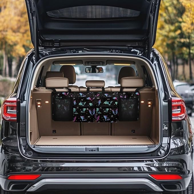 Halloween Colorful Bats Car Trunk Organizer with 4 Pockets Hanging Car Backseat Storage Bag Multipurpose Car Interior Accessories for SUV Pickup Truck Van