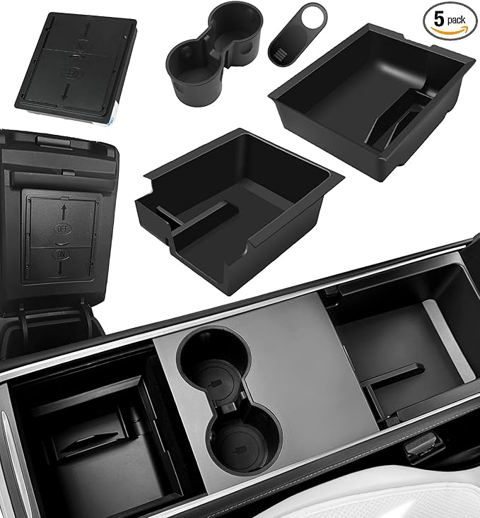 WinDu 5PCS Model 3 Model Y Center Console Organizer Tray Compatible for Tesla 2021-2024 Model Y and 2021-2023 Model 3 Accessories Armrest Hidden Box Storage Tray Cup Holder Camera Cover